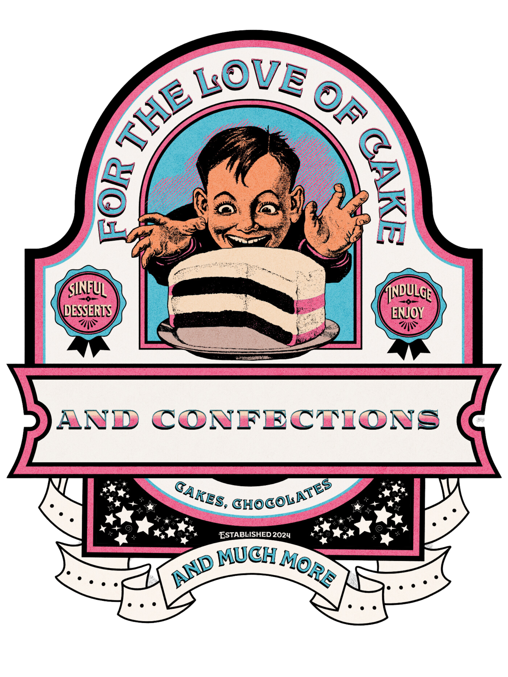 oh for the love of cake and confections logo with cartoon of a young boy with an evil grin about to grab a cake